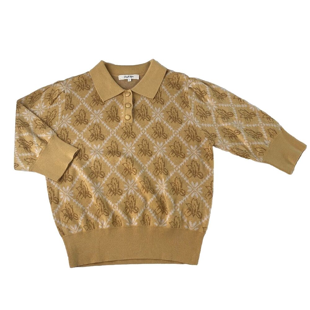 Simple Retro Ariana Iris Floral Jacquard Knit Polo Mustard Yellow Wool Blend XL